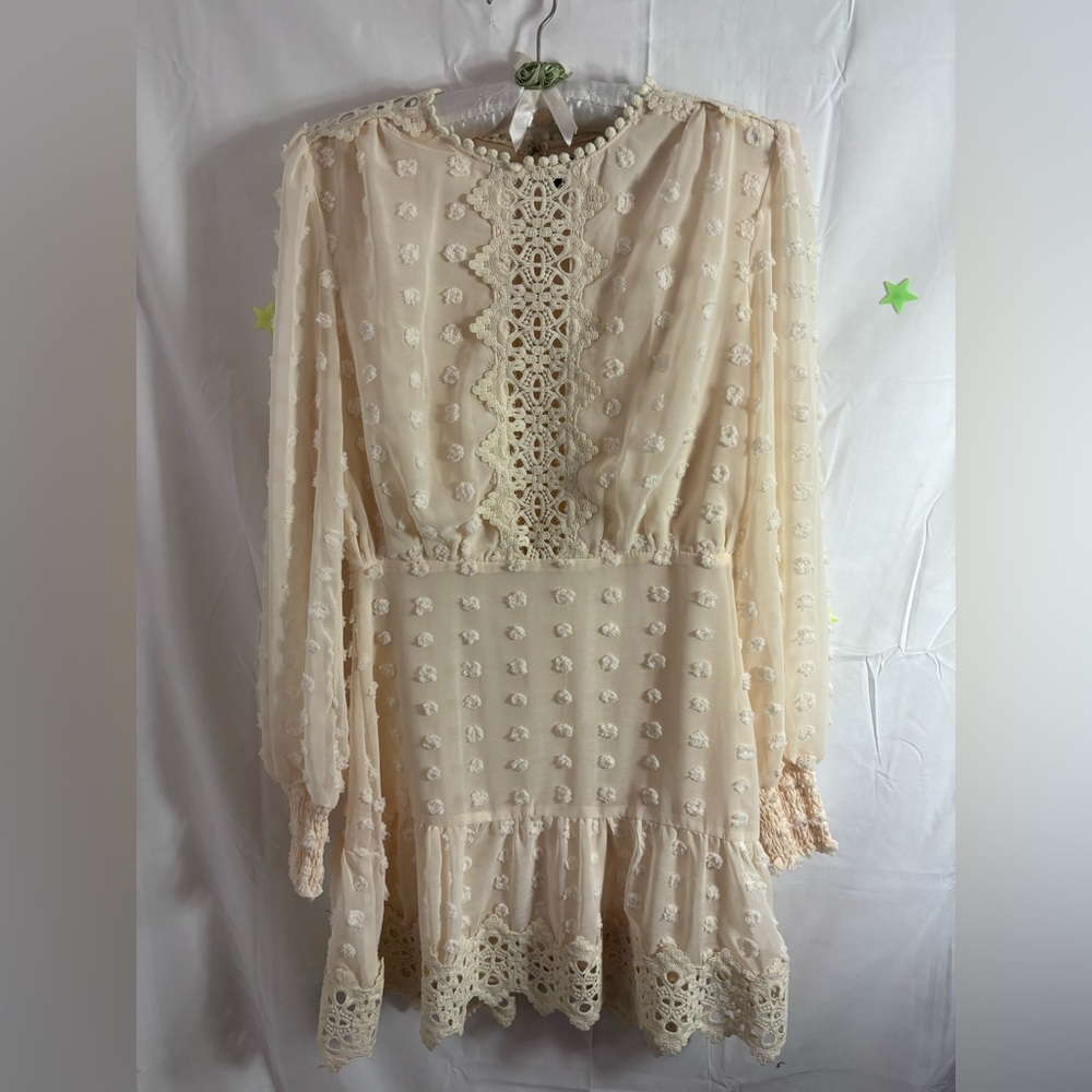 Cream Embroidered Polka Dot Lace Long Sleeve Mini Western‎ Prairie Dress Size S